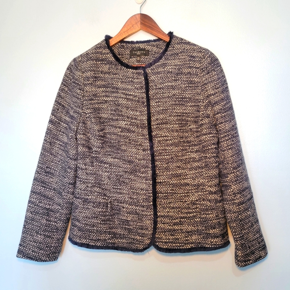 Talbots Petites Peplum Jacket Tweed Full Zip Navy Fringe Blazer Womens Size‎ 10P